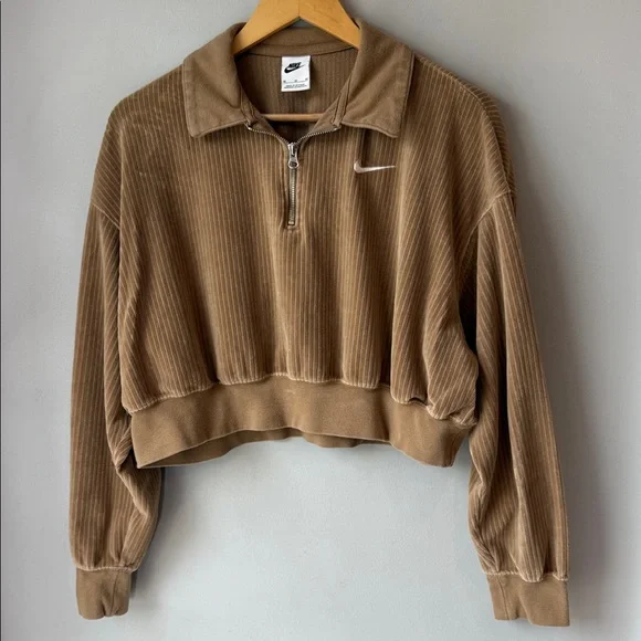 Nike Cropped Corduroy Velour 1/4 Zip Sweatshirt Tan - Picture 2 of 6